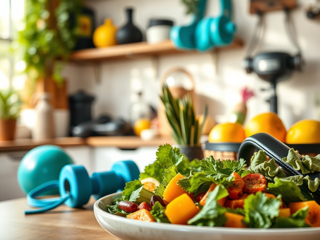 Салат из овощей на столе, рядом с синими гантелями и кухонными принадлежностями в уютной обстановке.
