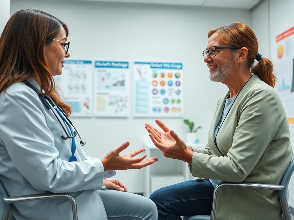 Врач и пациентка беседуют в кабинете, обсуждая здоровье и лечение с заботой и пониманием.