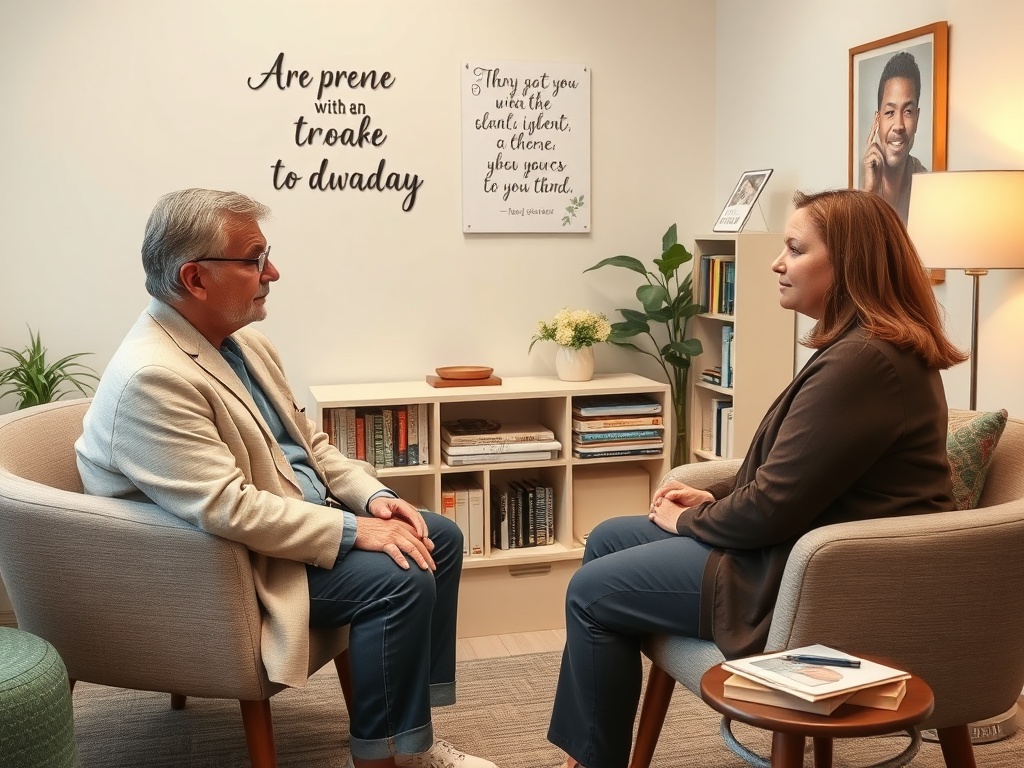 Два человека сидят в уютном кабинете, обсуждая что-то важное и вдумчивое. Стены украшены мудрыми цитатами.