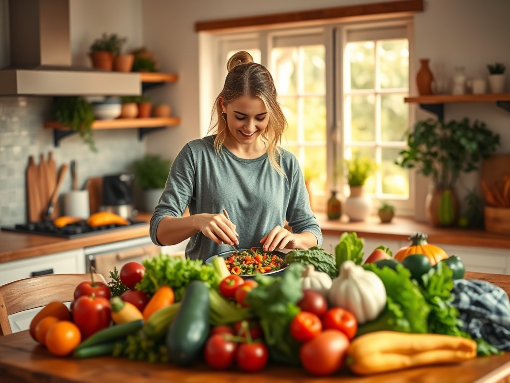 Девушка готовит салат на кухне, окружённая свежими овощами и фруктами на столе. Солнечный свет освещает комнату.