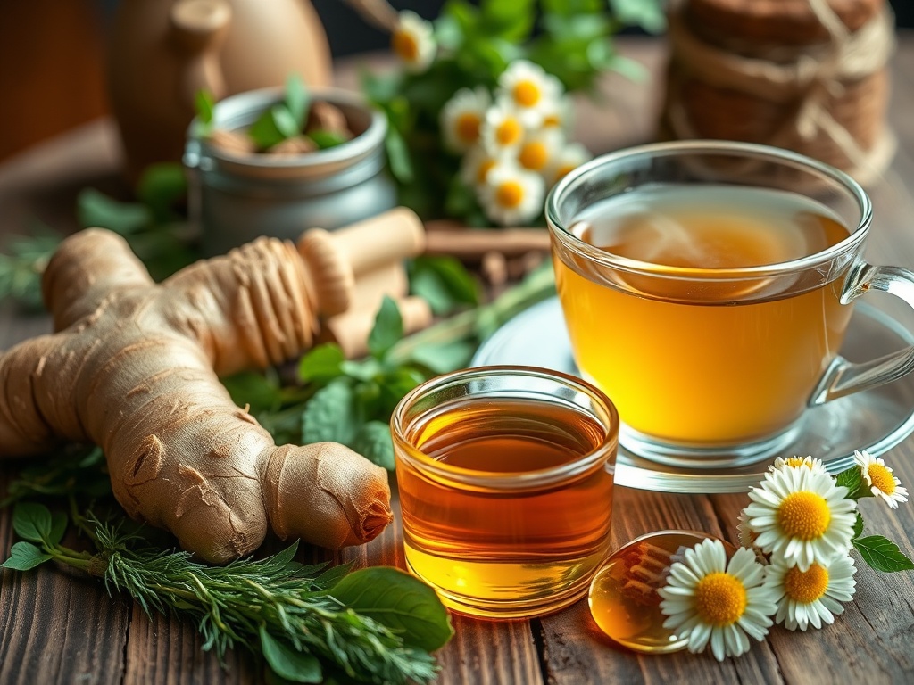 Травяной чай, мед, корень имбиря и ромашка на деревянном столе среди зелени. Уютная композиция для здоровья.