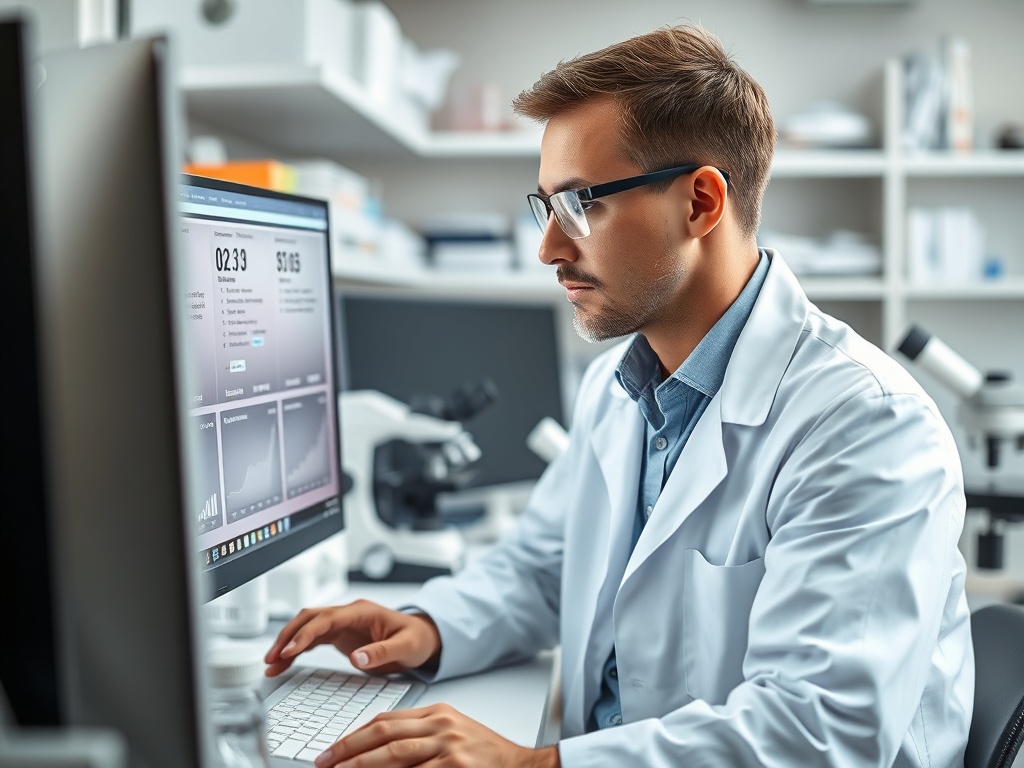 Молодой человек в лабораторном халате работает за компьютером, анализируя данные на экране.