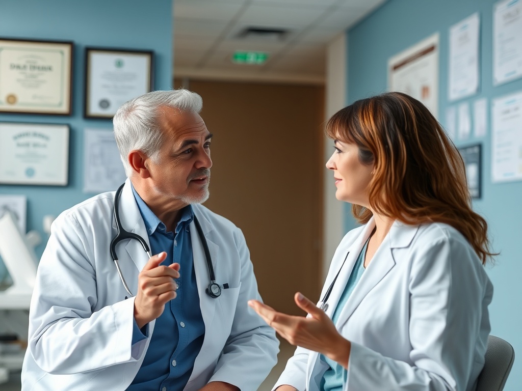 Врач и медсестра обсуждают важные вопросы в кабинете. На стенах висят дипломы и сертификаты.