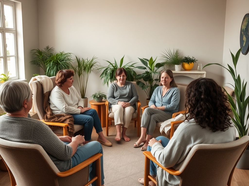Группа женщин в кругу, обсуждающих что-то важное, сидя на стульях в светлом помещении с растениями.