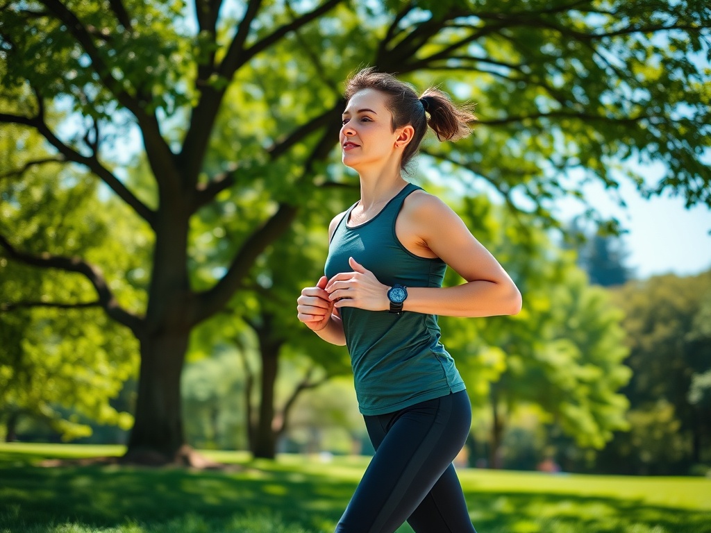 Молодая женщина в спортивной одежде бегает по парку в солнечный день. Зеленые деревья вокруг.