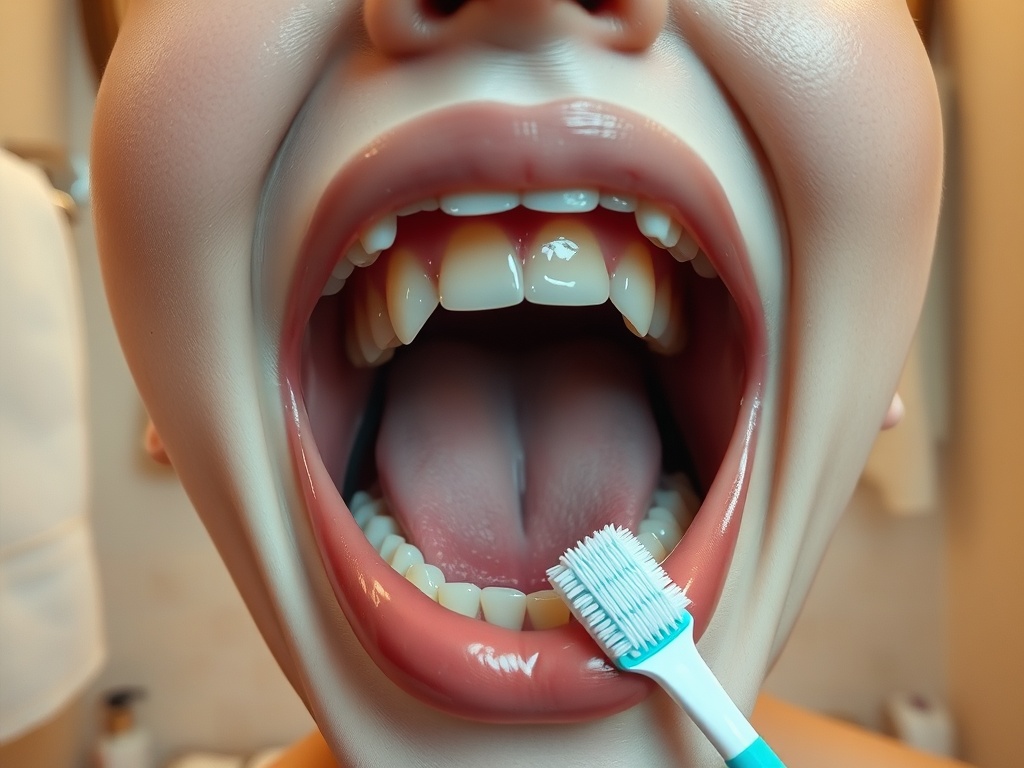 Изображение открытого рта с белыми зубами, в котором чистят язык зубной щеткой.