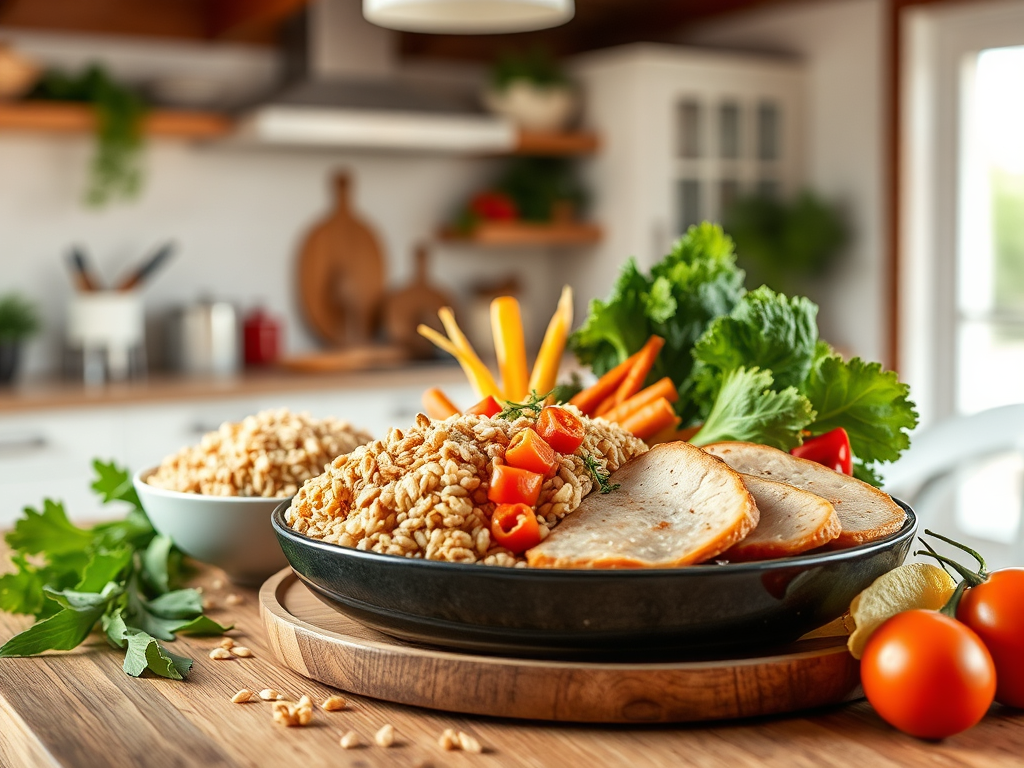 На столе лежит блюдо с рисом, овощами и мясом, рядом свежая зелень и другие продукты.