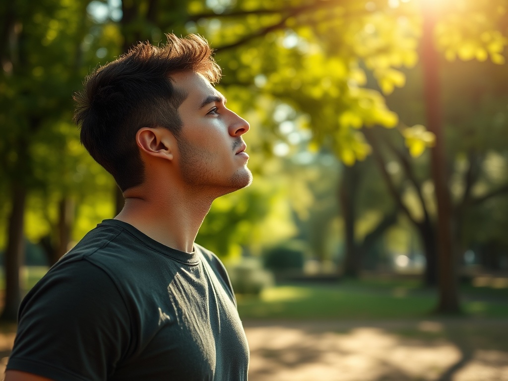 Молодой человек стоит в парке на фоне зелёных деревьев, смотрит вверх на яркое солнце.