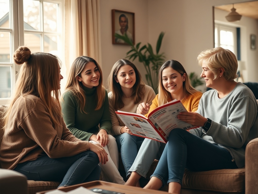 На изображении пять девушек, сидящих на диване, обсуждают журнал и смеются в уютной комнате.