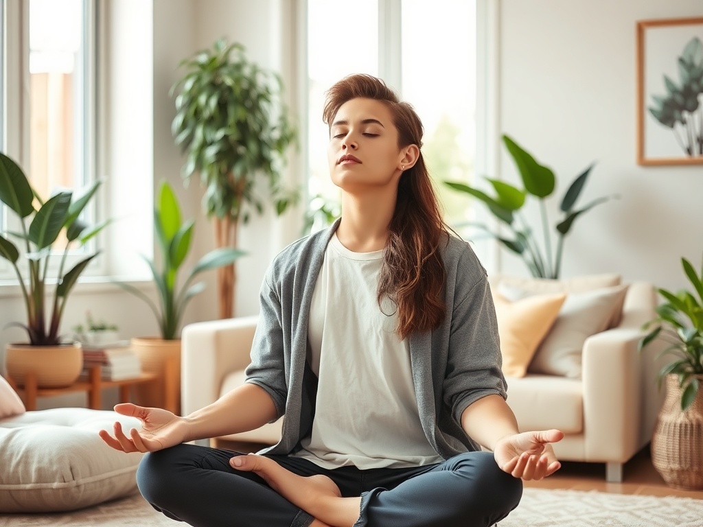 Молодой человек медитирует в уютной комнате с зелеными растениями и мягкой мебелью. Спокойная атмосфера.