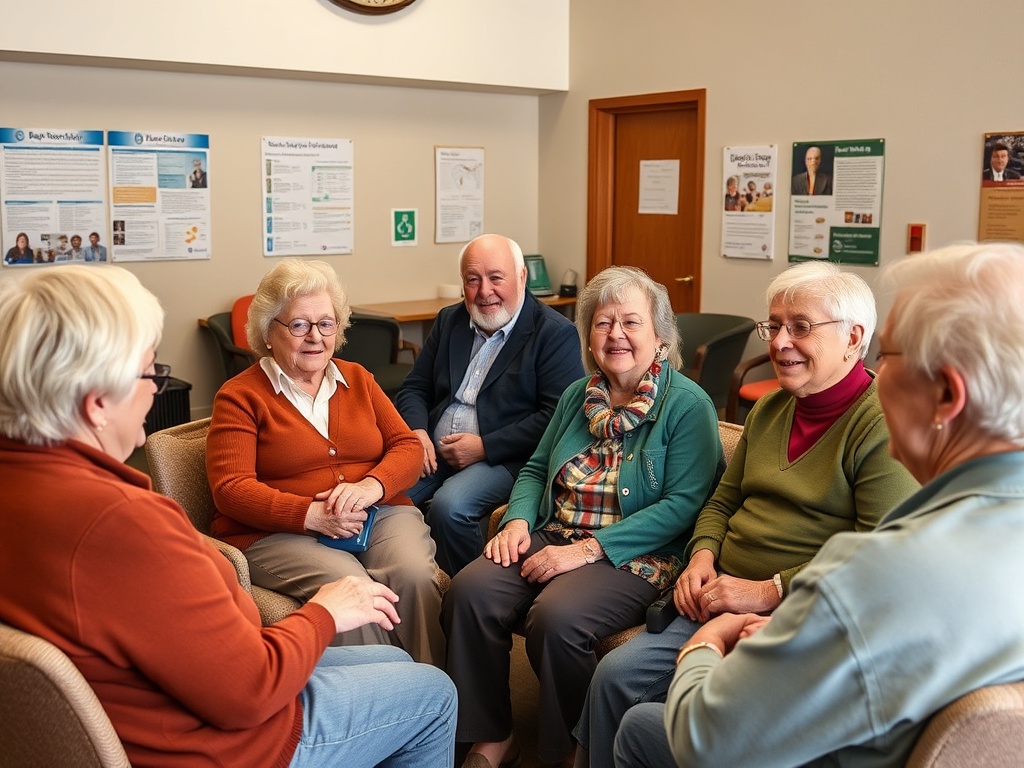 Шесть пожилых людей общаются в дружеской атмосфере в уютной комнате.
