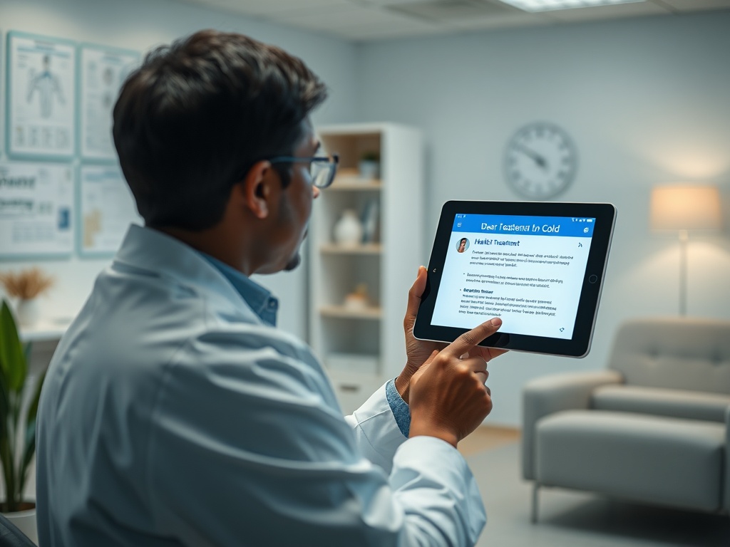 Врач, держащий планшет с информацией о лечении простуды, в кабинете с медицинскими документами на стенах.