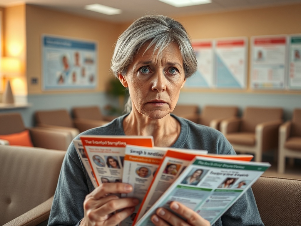 Женщина с короткими волосами смотрит на брошюры в ожидании в медицинском учреждении.