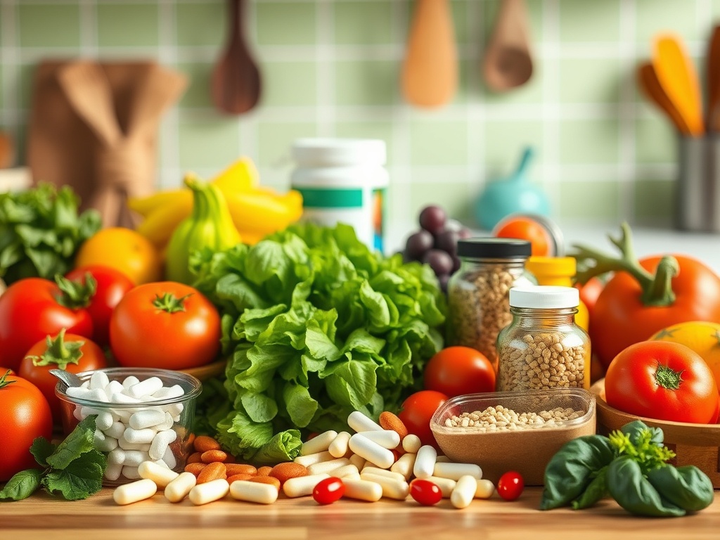 На столе находятся овощи, фрукты, орехи и различные добавки для здоровья. Красочные и свежие ингредиенты.