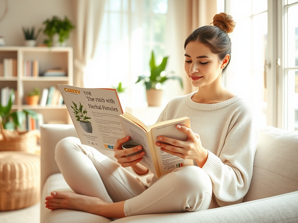 Женщина в уютной одежде читает книгу о фитотерапии, сидя на диване с растениями на фоне.