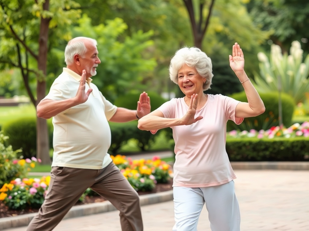 Пара пожилых людей занимается танцем на свежем воздухе в парке, наслаждаясь моментом на фоне цветов.