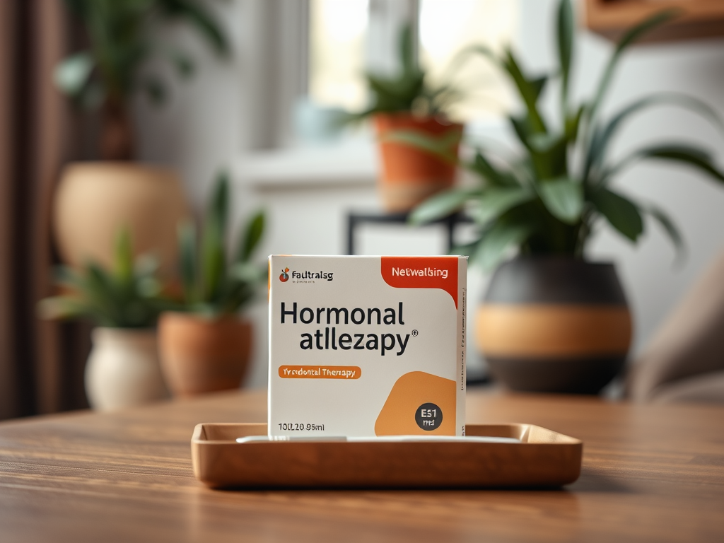Упаковка препарата "Hormonal attlezapy" на столе, окруженная растениями в горшках.