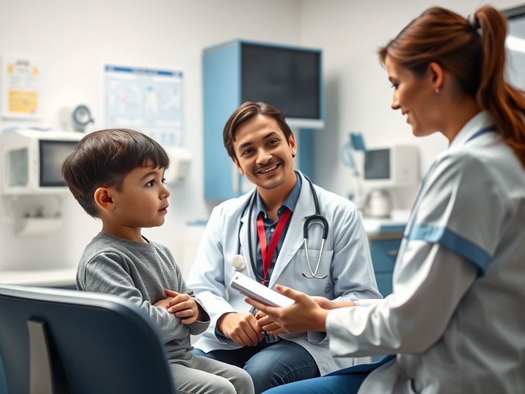 Врач разговаривает с улыбающимся мальчиком в медицинском кабинете. Врач и медсестра обмениваются информацией.
