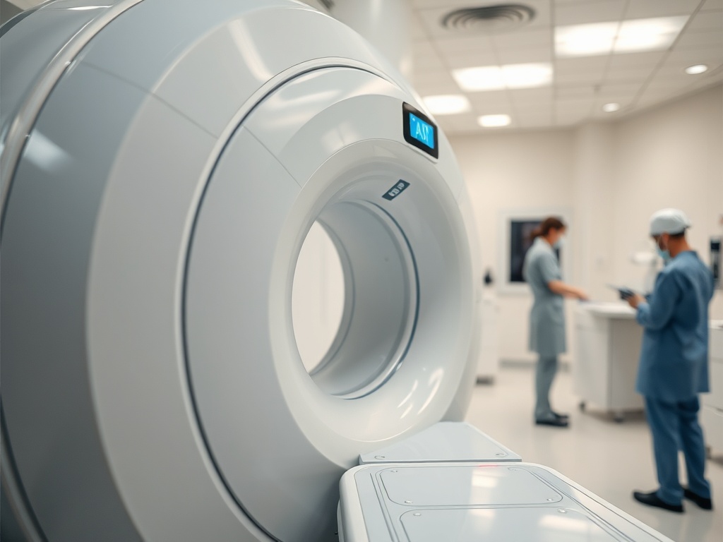 КТ-сканер в современном медицинском центре, врачи обсуждают процедуру.