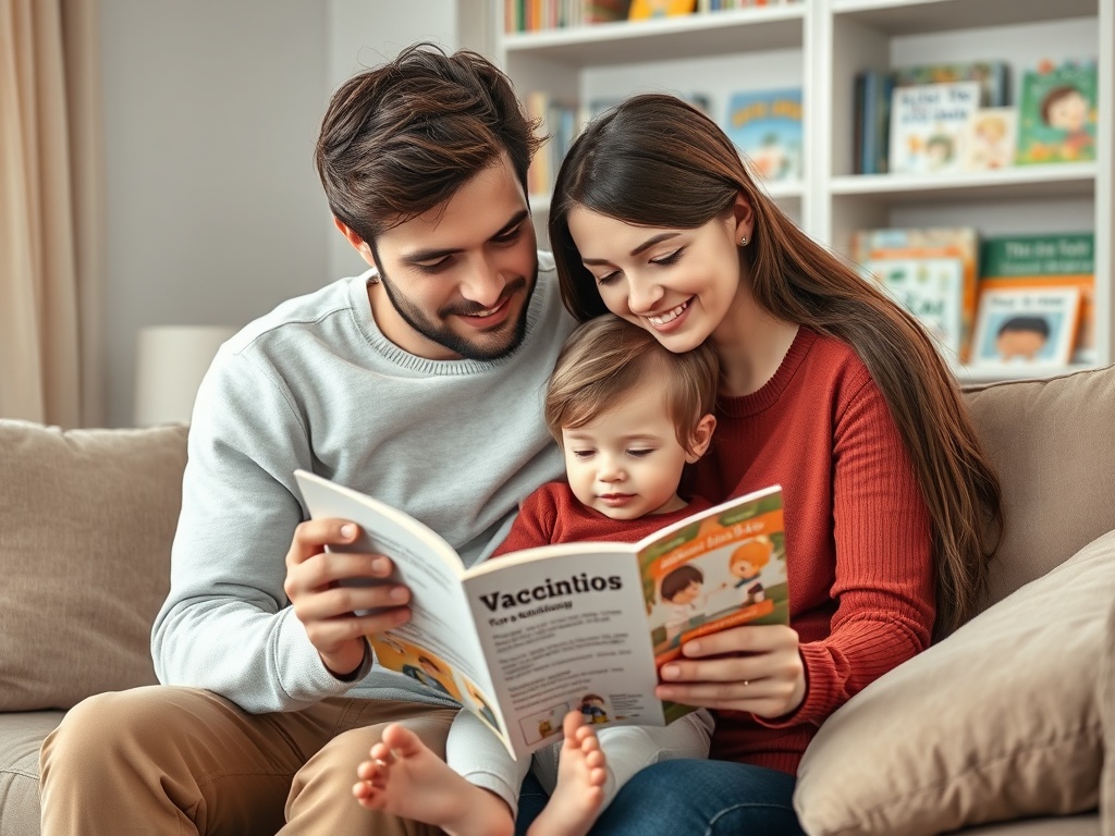 Счастливая семья читает книгу о вакцинациях на диване в уютной комнате. Ребёнок с интересом смотрит на картинку.