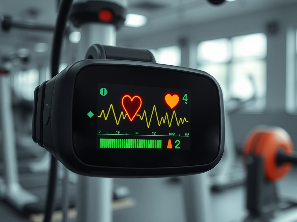 Монитор сердечного ритма в спортзале, показывающий пульс и уровень активности.