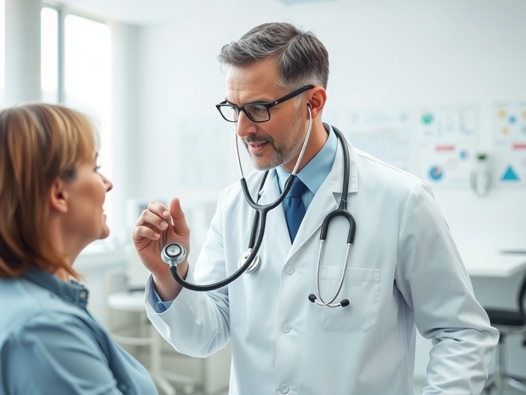 Врач беседует с пациентом, держа стетоскоп и объясняя лечение в комфортной обстановке.