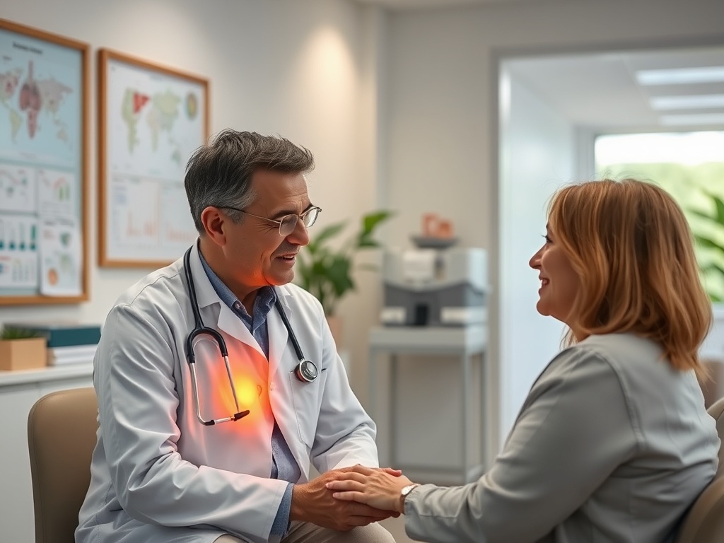 Врач общается с пациенткой в кабинете, стараясь поддержать её и создать дружескую атмосферу.