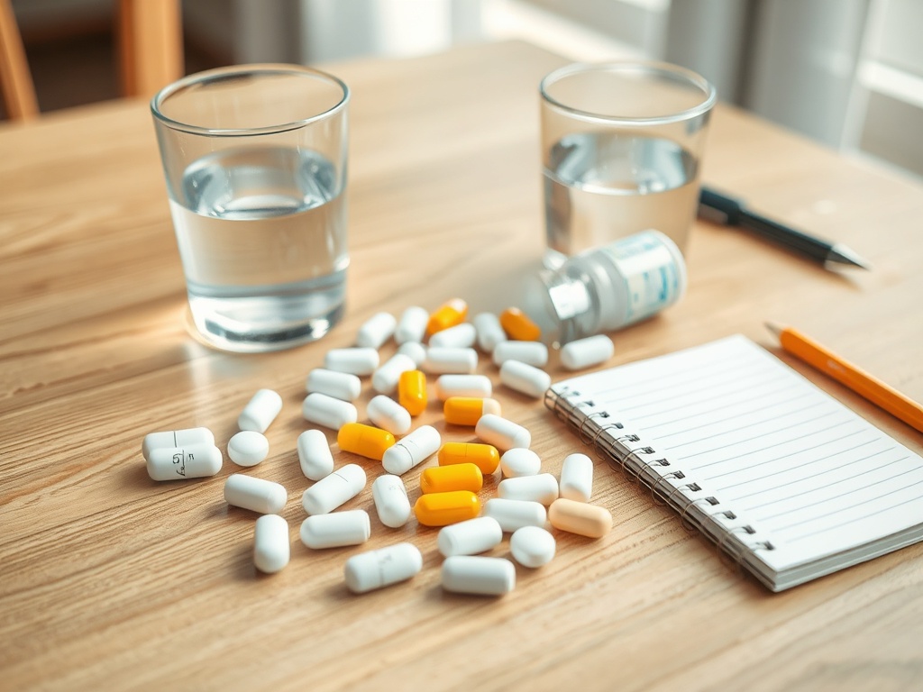 На деревянном столе лежат таблетки, два стакана с водой и блокнот с ручкой.