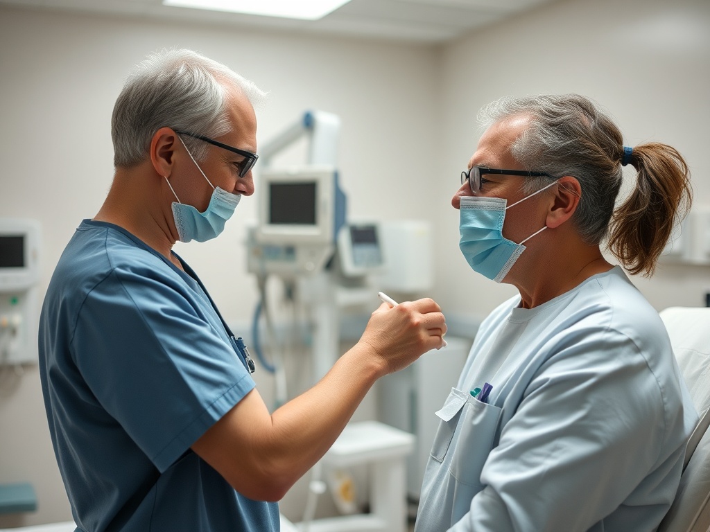 Два медицинских работника в масках обсуждают что-то важное в кабинете. Оба выглядят сосредоточенными.