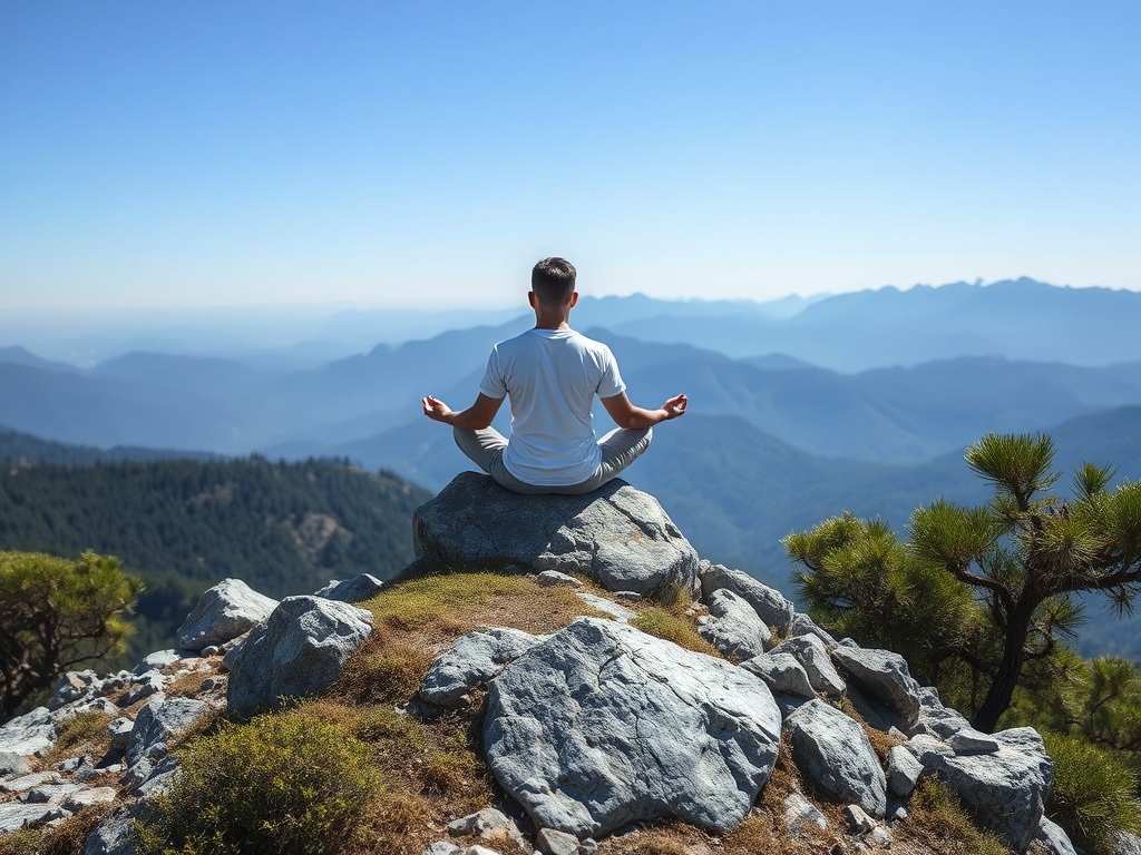 Человек медитирует на вершине скалы, окружающий его горный пейзаж и ясное голубое небо.