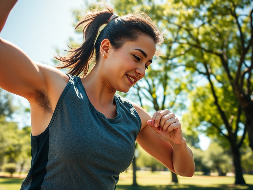 Молодая женщина в спортивной футболке бегает на фоне деревьев в солнечном парке. Она улыбается и наслаждается пробежкой.