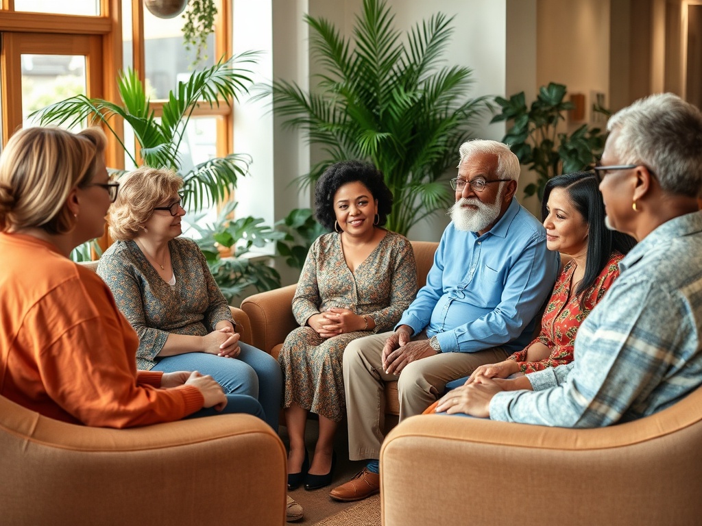 Группа людей различных возрастов и этнических групп сидит в уютном помещении, обсуждая что-то важное.
