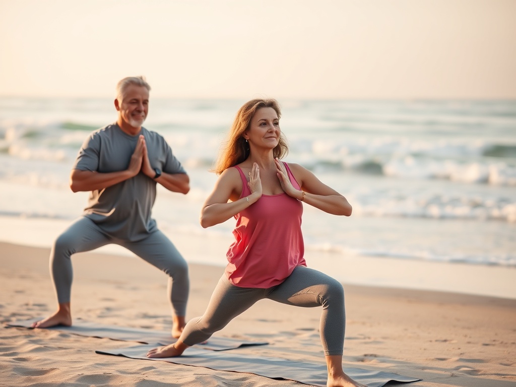 Два человека занимаются йогой на пляже, наслаждаясь спокойствием моря на закате.