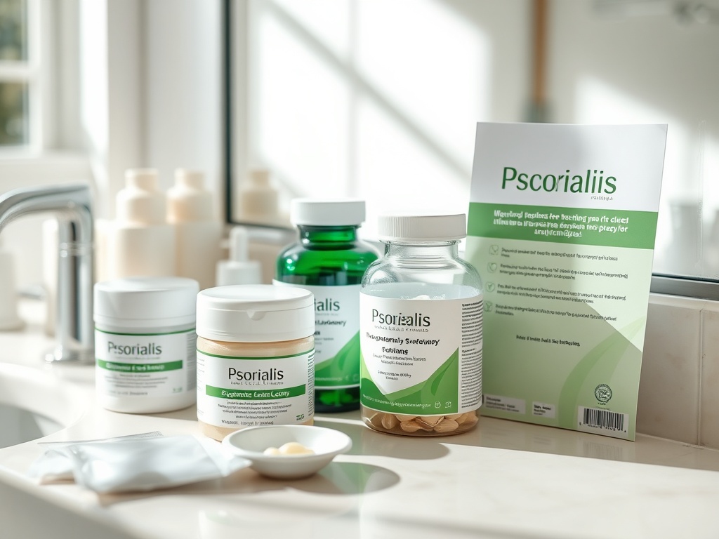 На столе расположены продукты Psorialis для лечения псориаза и ухода за кожей.