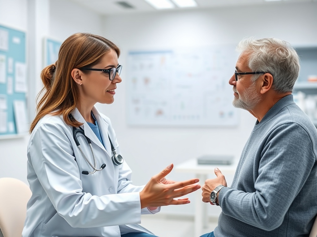 Врач общается с пожилым мужчиной в медицинском кабинете, проводя консультацию и обсуждая здоровье.