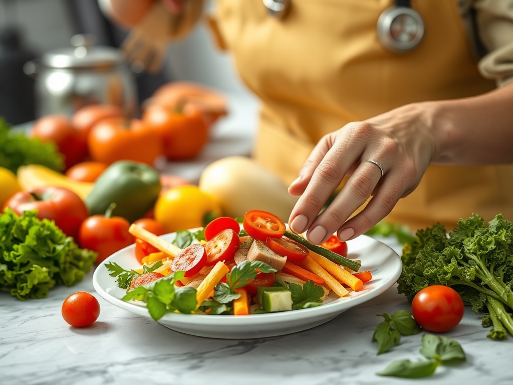 На столе свежий овощной салат, руку с под рукой украшает круглый помидор и зелень.