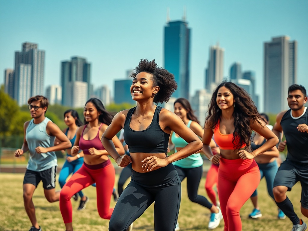 Группа людей занимается фитнесом на открытом воздухе, с городским пейзажем на фоне.