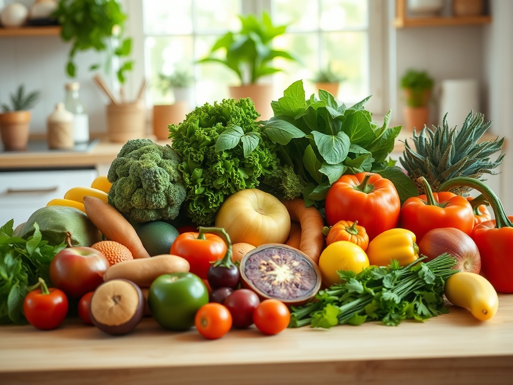 Ассорти свежих овощей и зелени на столе: брокколи, помидоры, перцы, морковь и другие сезонные продукты.