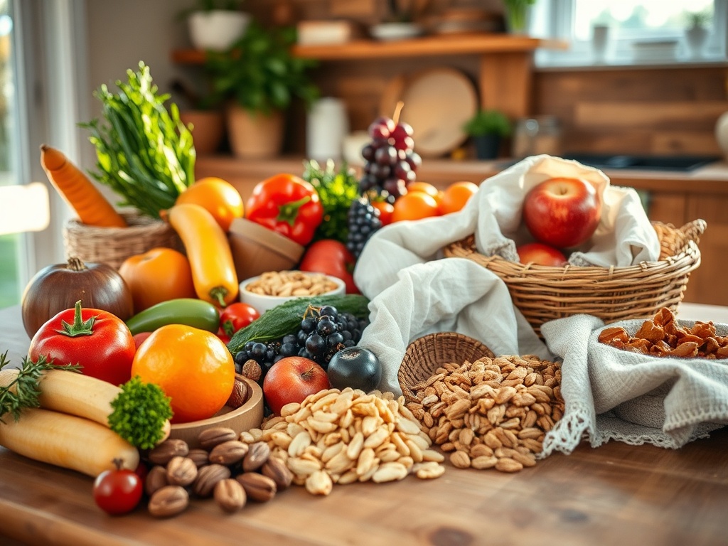 Красивая композиция из свежих овощей, фруктов и орехов на деревяном столе в уютной кухне.