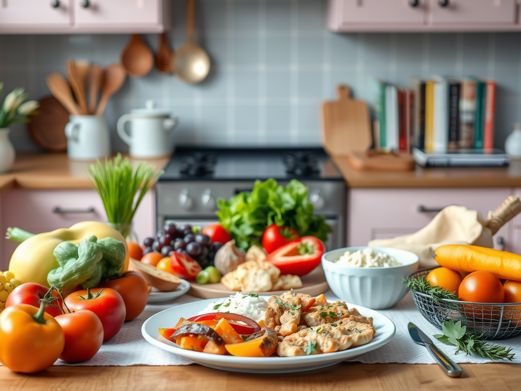 На столе яркие овощи и фрукты, тарелка с курицей и гарниром, уютная кухня с розовыми шкафчиками.