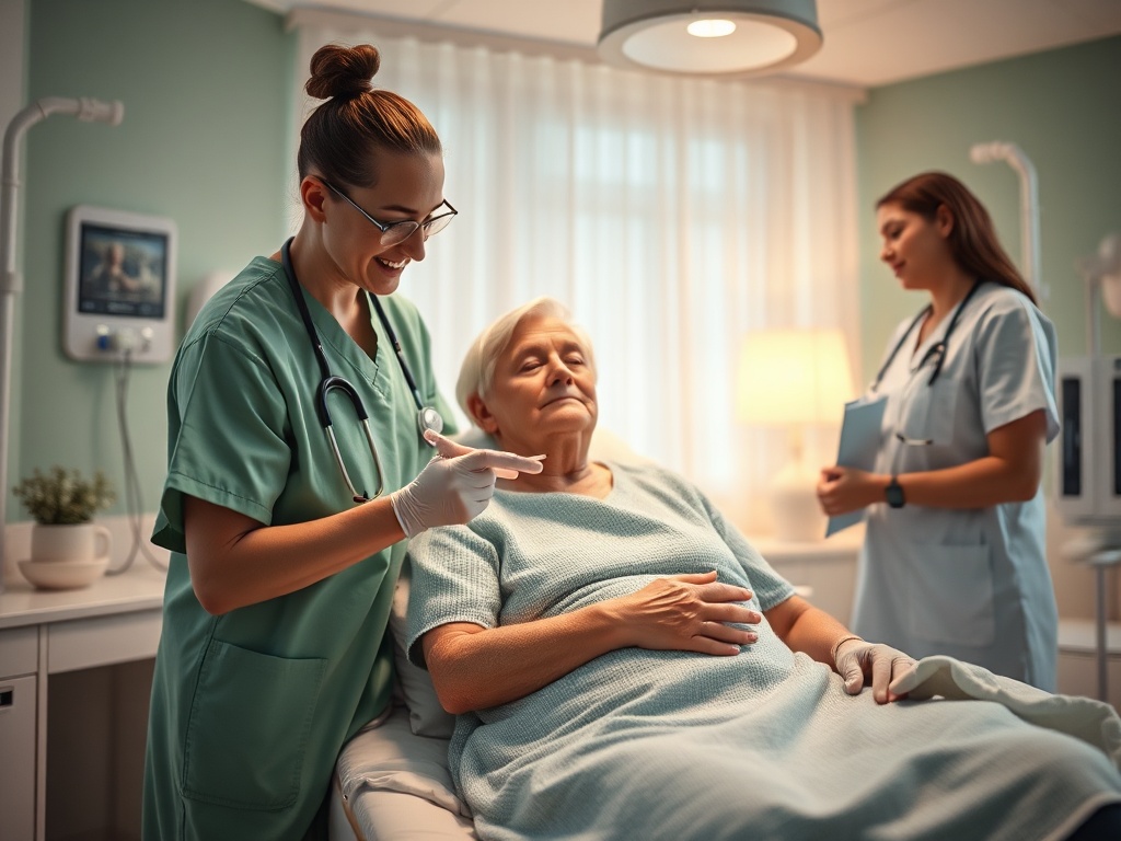Медсестра проводит процедуру для пожилой пациентки в больнице, другая медсестра рядом.