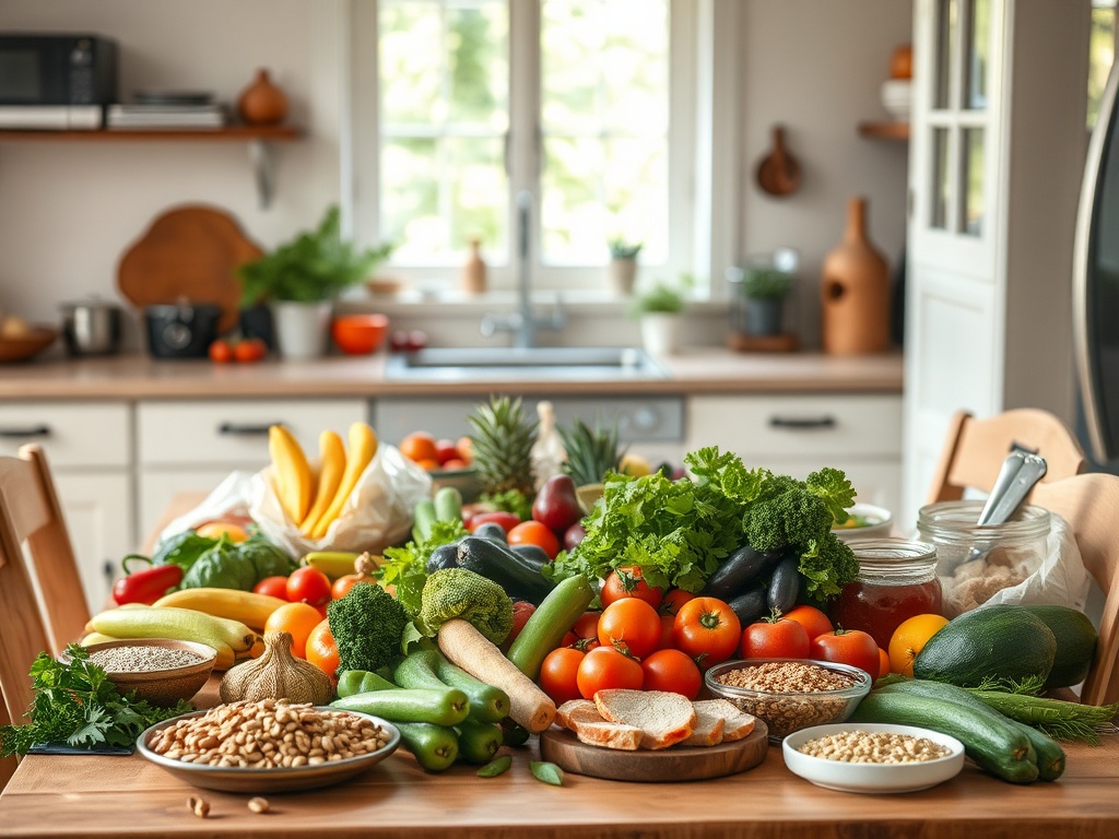 На столе много свежих овощей и фруктов: помидоры, огурцы, бананы, зелень и разные зерновые.