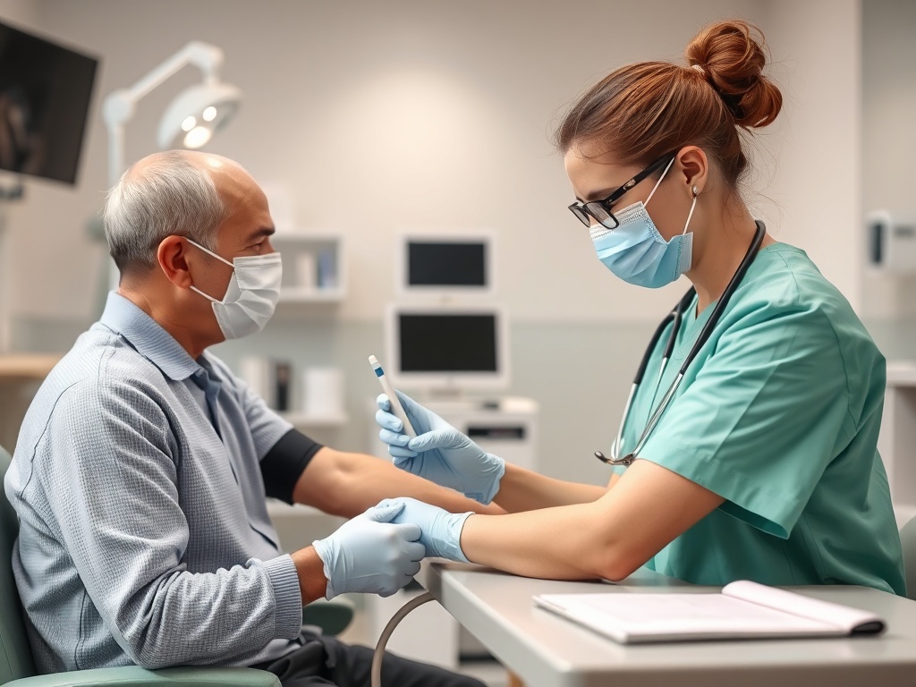 Медсестра в маске проверяет состояние пациента в клинике. Пациент также в маске, выглядит сосредоточенно.