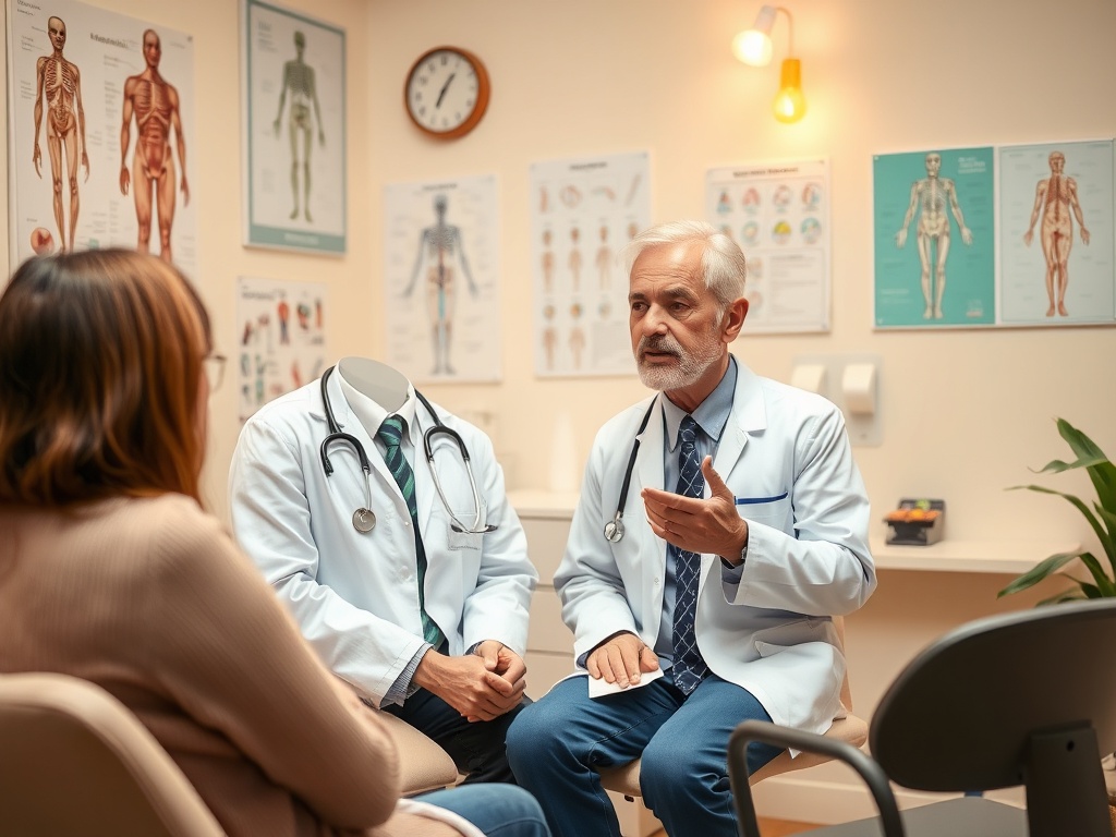 Врач консультирует пациента в медицинском кабинете, окружённом анатомическими плакатами.